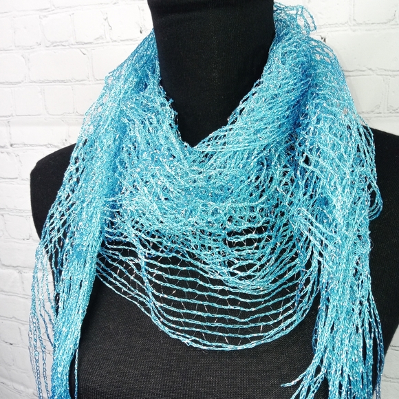 Blue Ruffled Net Fringe Scarf - Picture 2 of 8